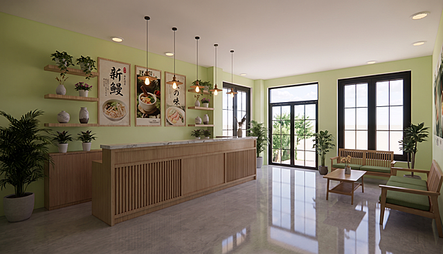 参考上传的三张轻食店效果图，生成一张新的轻食店入口大堂或前台区域效果图，保持一致的设计风格：牛油果绿墙面，原木色家具，浅灰色抛光地砖，黑色窗框大窗户，整体自然清新的日式原木风轻食店