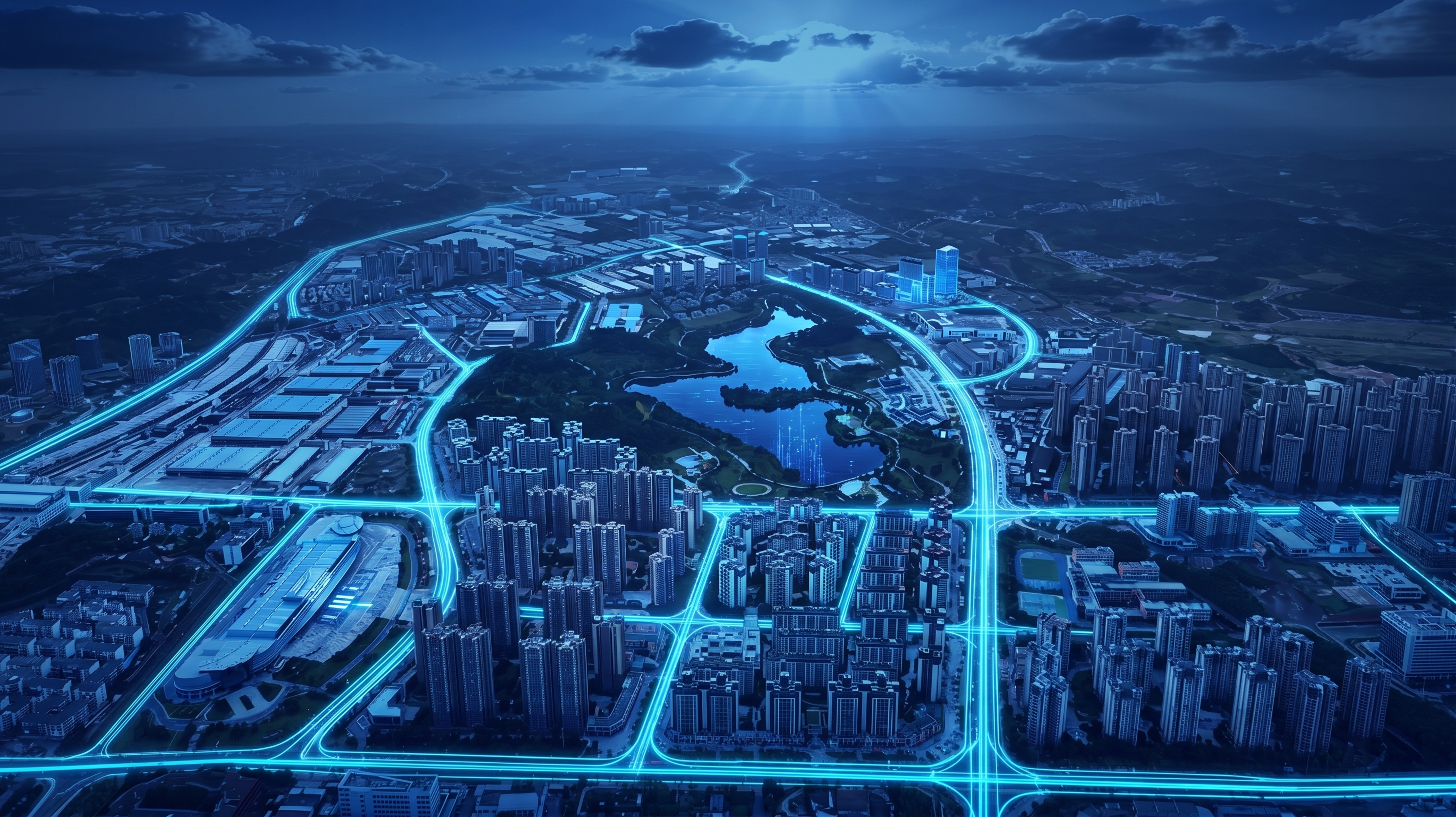 将图1的城市鸟瞰照片，参照图2的3D科技地图风格生成，深蓝色调… - 图片创意预览
