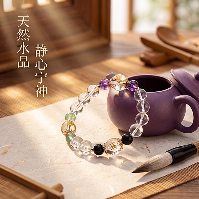 [主图 4] 天然白水晶多宝手串场景氛围感展示；[氛围风格]新中式禅意茶室生活方式，电影感治愈氛围，东方美学；[画质]8K超高清商业摄影质感，产品清晰真实，画面高级自然，去除廉价感和工业假感，保证产品不变形；[元素]天然白水晶多宝手串自然放置铺设好的宣纸茶席上，旁边摆放打开的紫砂茶壶与毛笔，营造日常品茗佩戴的生活场景，保持手串外观材质颜色撞色设计与输入产品图绝对一致，杜绝变形色差。商品主体清晰突出，背景自然虚化，构图疏密有致，留白充足，画面满铺无边框；[光影]暖金色夕阳从侧面射入，丁达尔光束穿过茶室，整体光影柔和通透，治愈温暖；[配色]低饱和暖木色调，保持统一新中式禅意风格；[视角构图]略微俯视生活化构图，大光圈浅景深；[文字版式]左侧竖排小字：天然水晶 静心宁神，文字雅致不抢主体；[比例分辨率]1:1 比例，2K分辨率，文字清晰锐利，超高清画质；[负向提示词]廉价感，模糊感，工业假感，产品变形，水印，文字错乱，背景杂乱，遮挡主体