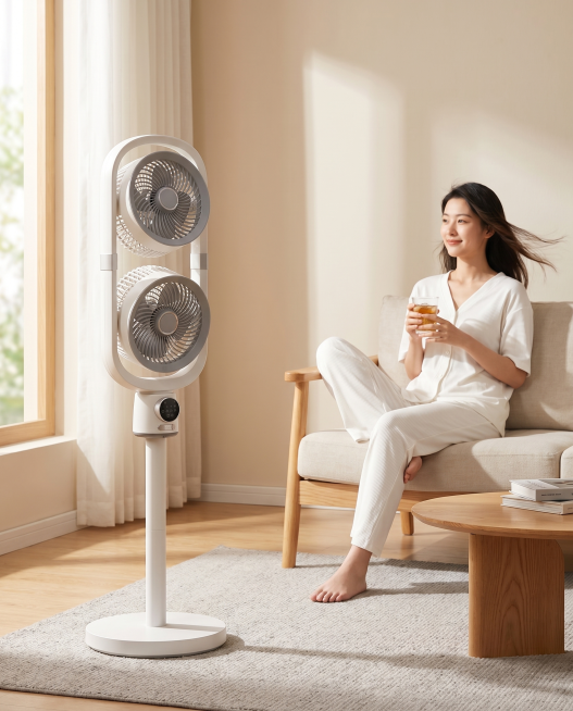 白灰色立式双循环风扇，保持产品外观和物理结构不变，严禁扭曲拉伸改变形态。浅米色原木风客厅，整体以浅米色、原木色为主色调，营造舒适治愈的居家氛围。产品放置在画面左侧，右侧是一位穿着白色家居服的东亚女性，预览效果