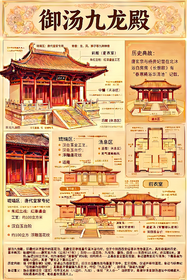 仅修正图中指定文字区域的错别字，不改动任何图像内容：1）顶部三行小字注释：'造风页：唐月国益盘曲流沱' → '琉璃瓦：唐代皇家专用'；'雕吴网：塞向星龙鱼鳞斜支' → '脊兽：龙、凤、狮子等九种神兽'；'础础柱：红漆鎏金工艺' → '朱红立柱：红漆鎏金工艺'；2）左下角'汉白玉台价'→'汉白玉台阶'；'浮触速花效'→'浮雕莲花纹'；3）中部'适箍'→'适庵'；4）底部'约1量近100立方米'→'约100立方米'；5）统一引号为中文“”；所有文字保持原字体（楷体）、字号、颜色（深棕），排版位置不变。