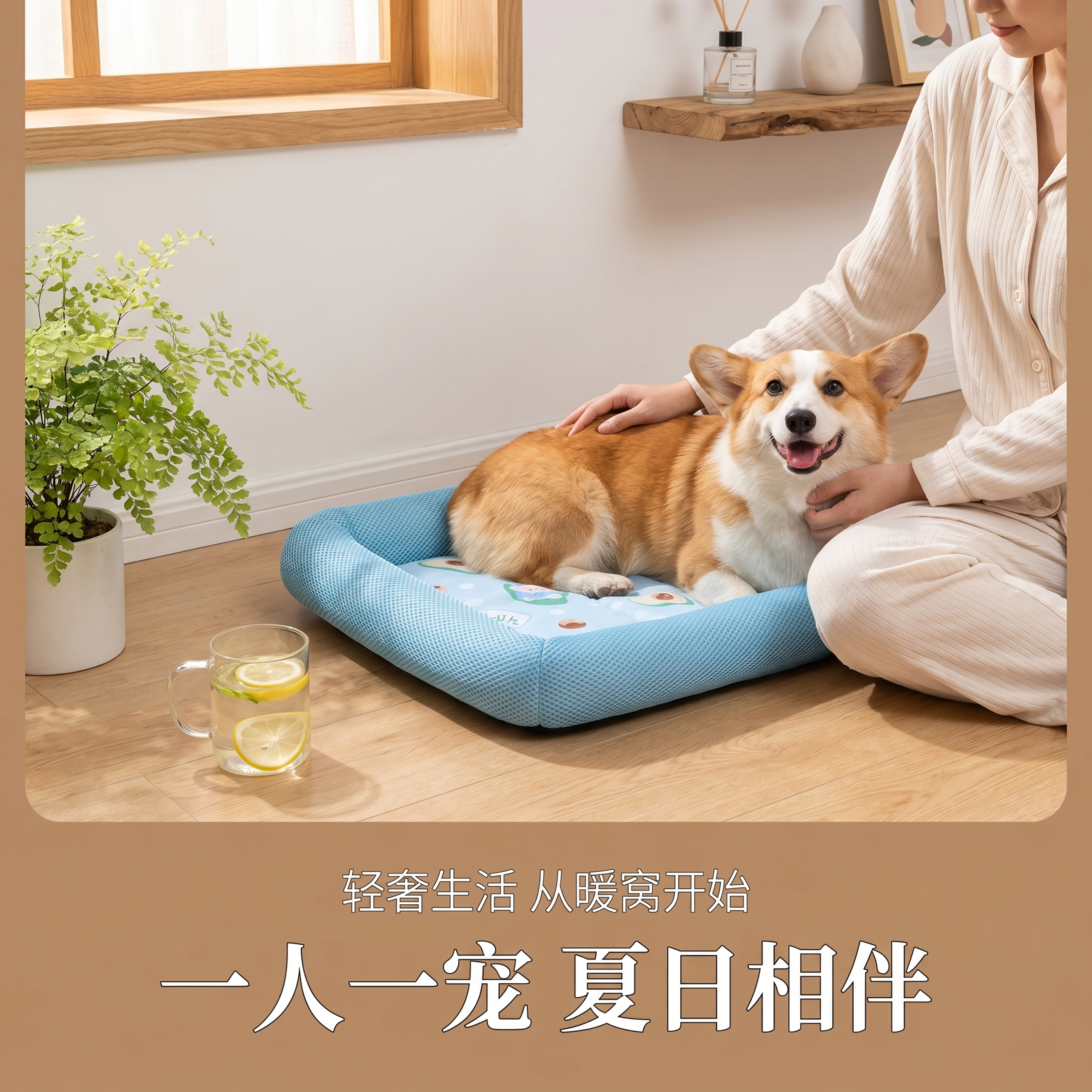 电商主图，轻奢温暖风格，温馨居家互动场景，主人穿着浅色系家居服… - 图片创意预览