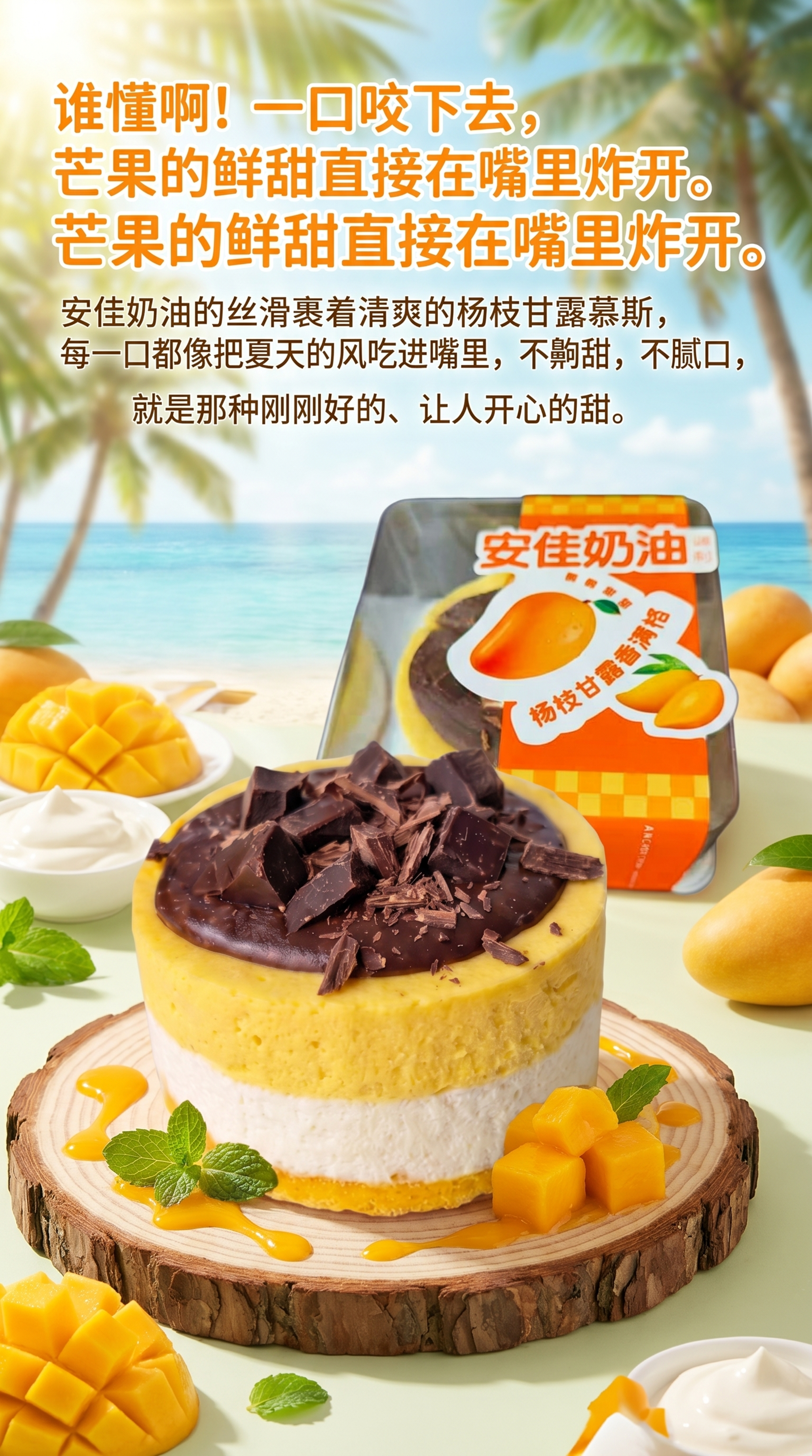结合提供的两张杨枝甘露慕斯蛋糕图片，两张都放进去，合成一张甜品… - 图片创意预览
