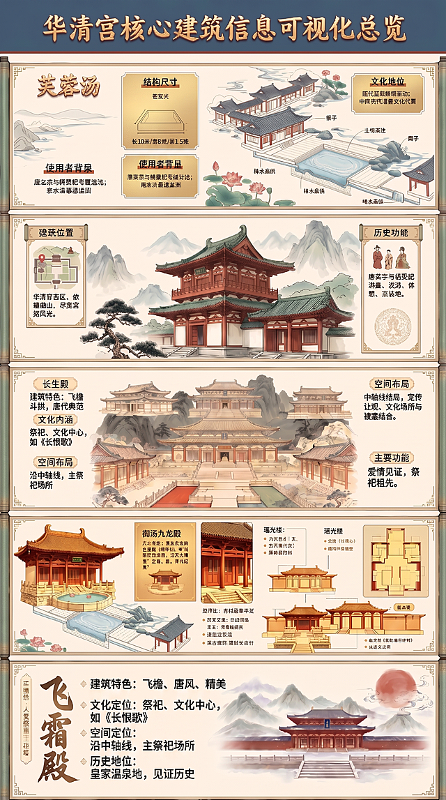 仅保留前两个板块（芙蓉汤、瑶光楼）的原文案不变；从长生殿开始至飞霜殿的所有后续板块，文字内容大幅精简（每项压缩为1行核心信息），字体大小统一设为原图文字的2倍，确保清晰醒目；整体布局、国风背景与图示结构保持不变