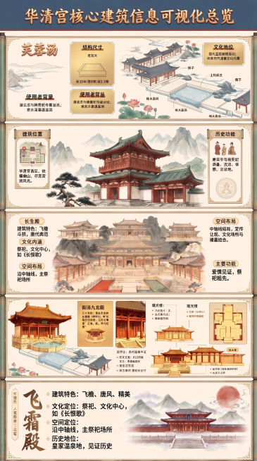 仅保留前两个板块（芙蓉汤、瑶光楼）的原文案不变；从长生殿开始至飞霜殿的所有后续板块，文字内容大幅精简（每项压缩为1行核心信息），字体大小统一设为原图文字的2倍，确保清晰醒目；整体布局、国风背景与图示结预览效果