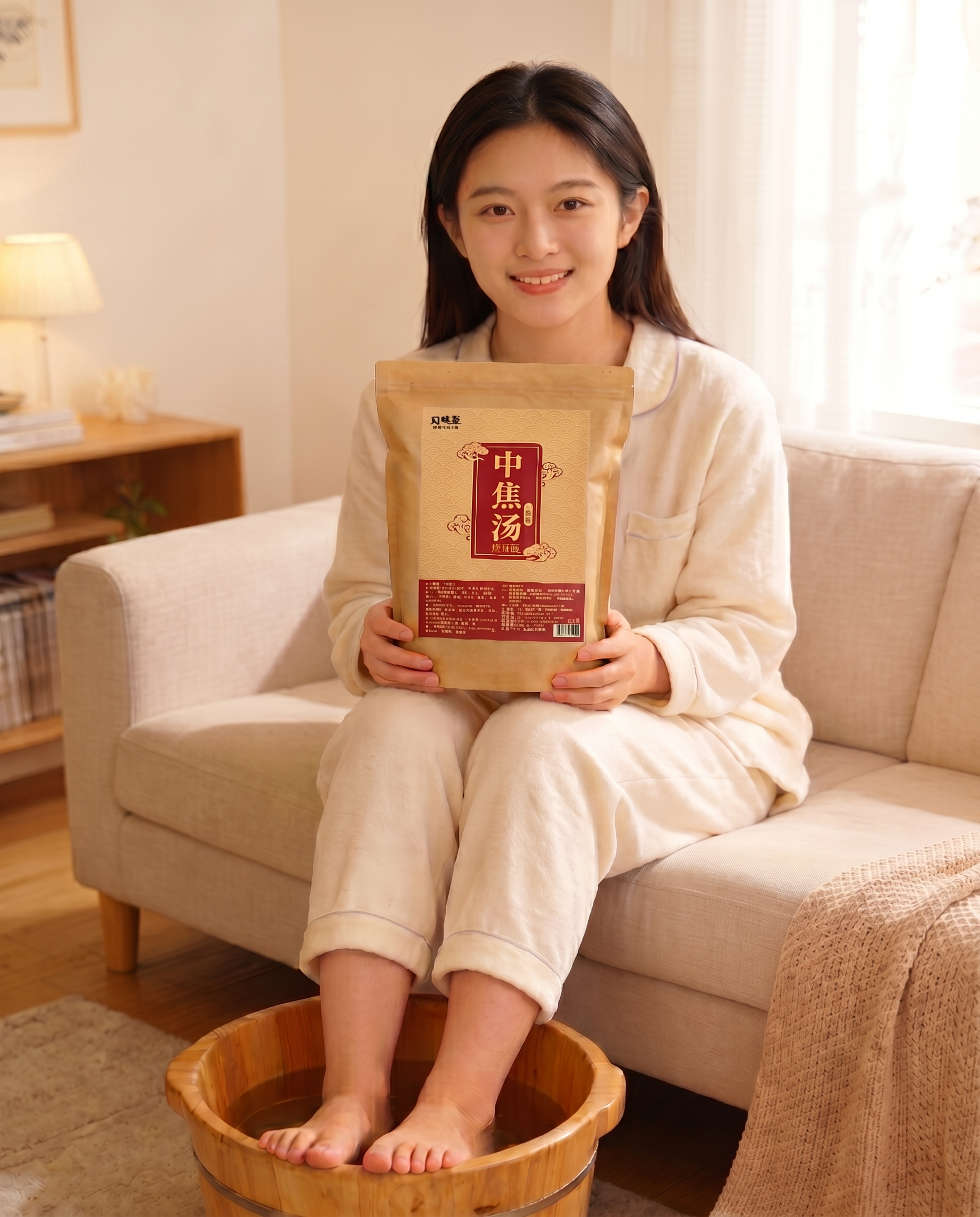 重新生成图片，浅棕色沙发，东亚黑发美女坐在沙发上，双脚泡在实木… - 图片创意预览