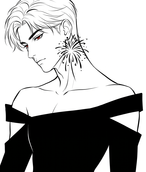 根据参考人物五官特征，生成极简黑白线条勾勒的特写插画，人物呈低头侧脸姿态，颈部线条舒展，人物占据画面约90%的视觉空间，突出人物轮廓美，人物穿着黑色露肩礼服，肩部剪裁利落夸张，佩戴一枚线条感十足的烟花预览效果