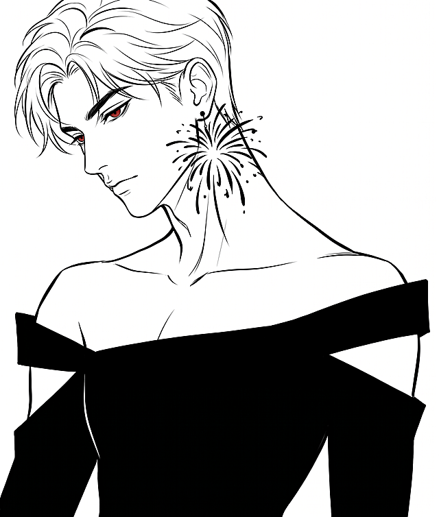 根据参考人物五官特征，生成极简黑白线条勾勒的特写插画，人物呈低头侧脸姿态，颈部线条舒展，人物占据画面约90%的视觉空间，突出人物轮廓美，人物穿着黑色露肩礼服，肩部剪裁利落夸张，佩戴一枚线条感十足的烟花造型耳饰，整体为极简主义黑白线条插画风格，高对比度黑白色块搭配流畅写意的线条，兼具时尚感与高级感，类似时装插画