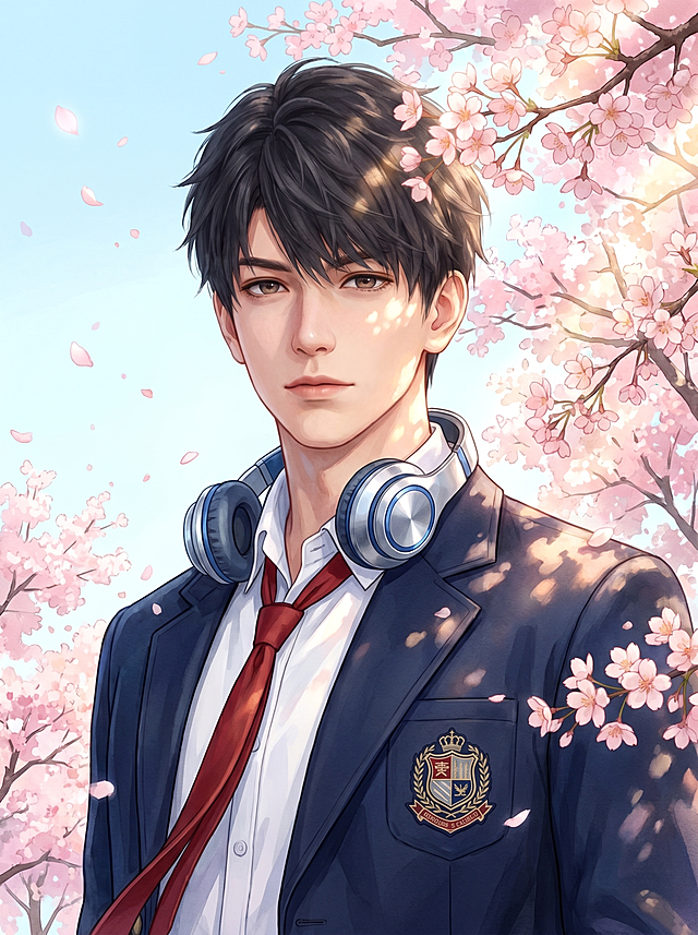 根据参考图人物修改为：清冷温柔感的日系少年，凌乱蓬松的黑色碎发，立体精致的五官，浅棕色眼眸，皮肤通透白皙，唇色水润，眼神温柔带点疏离，典型的校园白月光人设。穿搭为日系学院风校服，藏青色西装外套带校徽刺绣，白色翻领衬衫，松散的红色领带，颈间挂着银蓝配色的头戴式耳机，整体干净清爽带慵懒少年感。场景为春日户外樱花树下，澄澈浅蓝色天空，盛开的粉色樱花树枝条垂落，花瓣点缀画面，暖金色春日阳光透过樱花枝桠，在人物身上形成斑驳光影，丁达尔光效，整体画面明亮通透，温柔治愈。主色调为藏青、白、红、粉、浅蓝，清新柔和撞色，水彩油画质感，色彩过渡自然。竖版特写构图，人物占据画面主体，樱花枝桠从左上角垂落，黄金分割构图，微微俯拍的平视视角，半身近景，完整呈现人物上半身、穿搭细节与樱花场景。侧前方暖金色阳光，樱花斑驳光影，明暗对比柔和，突出人物轮廓与皮肤通透感，金属耳机高光质感，刻画好发丝蓬松凌乱感、皮肤通透感、衬衫褶皱、西装质感、耳机细节、樱花花瓣层次，细腻逼真