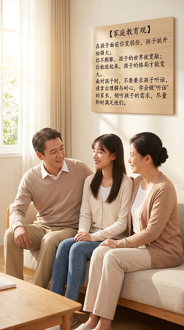 温暖和谐的家庭场景，画面中只有一对中年中国父母和一名中国女大学生，氛围温馨和睦。图片上清晰正确地书写着中文文字："【家庭教育观】在孩子面前你变弱些，孩子就开始强大；你不膨胀，孩子的世界就宽敞；你收敛起来，孩子的格局才能变大。面对孩子时，不要要求孩子听话，请拿出理解与耐心，学会做'听话'的家长，倾听孩子的需求，尽量即时满足他们。", 所有文字必须书写清晰，字体工整，无错误。