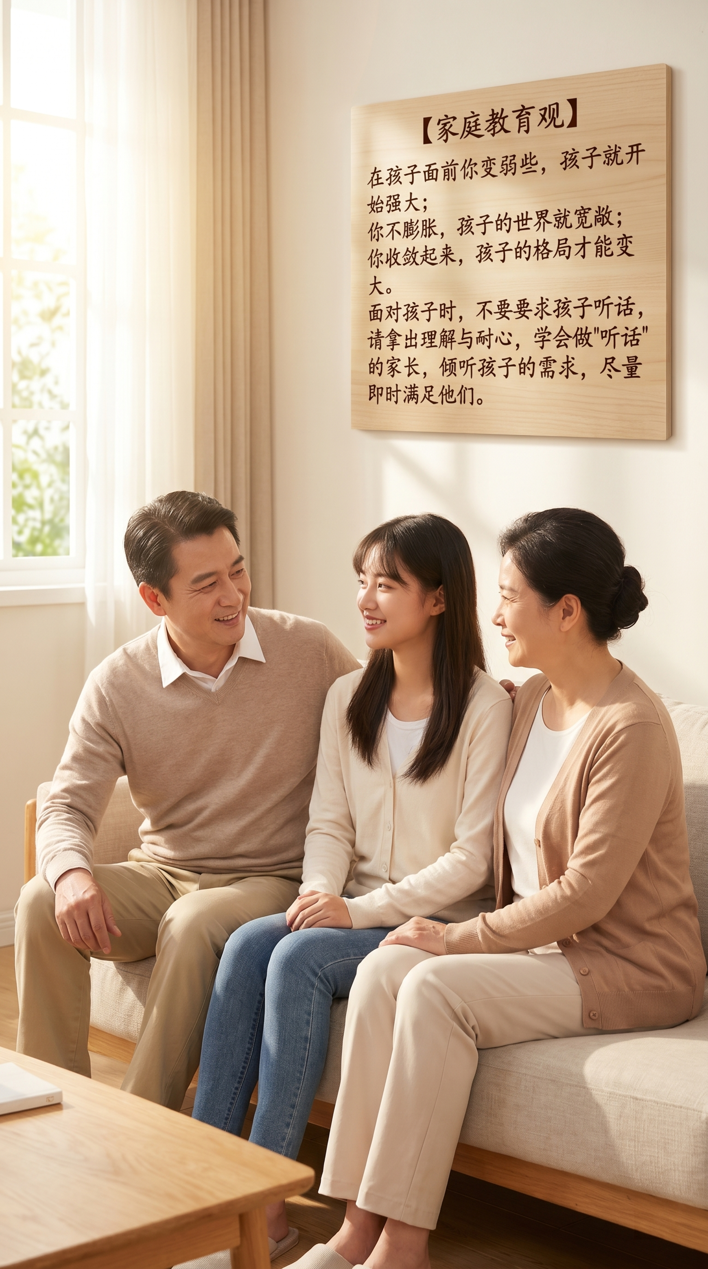 温暖和谐的家庭场景，画面中只有一对中年中国父母和一名中国女大学… - 图片创意预览