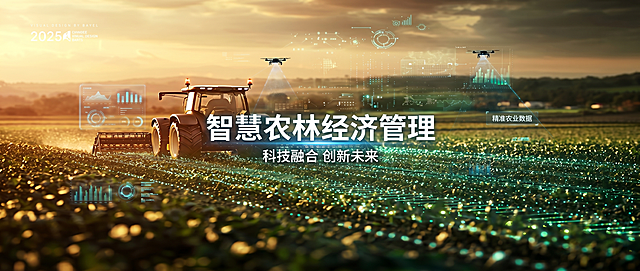 生成农林经济管理主题背景图，参考原图风格，包含现代农业机械拖拉机在农田作业，搭配科技数据元素与无人机，暖金色黄昏光影氛围，体现智慧农业与农林经济融合的科技感
