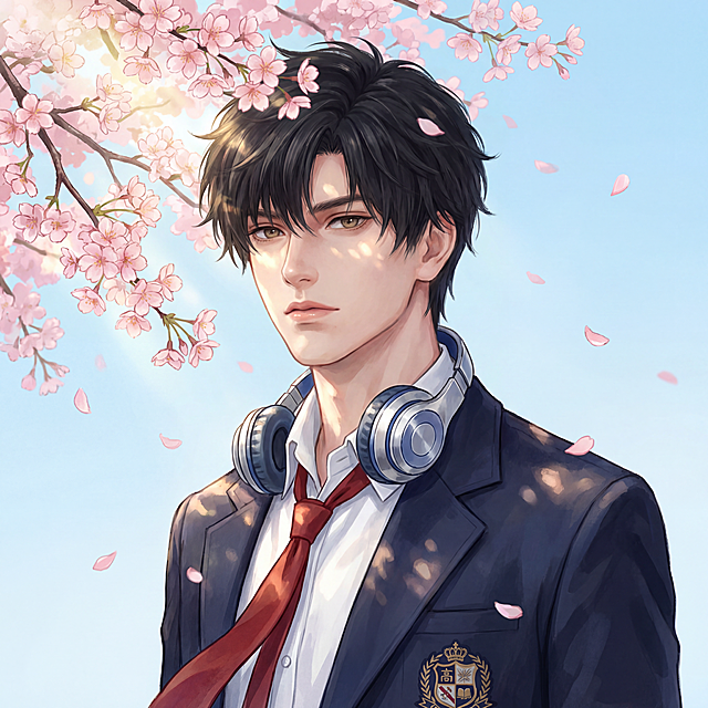 根据参考图人物修改为：清冷温柔感的日系少年，凌乱蓬松的黑色碎发，立体精致的五官，浅棕色眼眸，皮肤通透白皙，唇色水润，眼神温柔带点疏离，典型的校园白月光人设。穿搭为日系学院风校服，藏青色西装外套带校徽刺绣，白色翻领衬衫，松散的红色领带，颈间挂着银蓝配色的头戴式耳机，整体干净清爽带慵懒少年感。场景为春日户外樱花树下，澄澈浅蓝色天空，盛开的粉色樱花树枝条垂落，花瓣点缀画面，暖金色春日阳光透过樱花枝桠，在人物身上形成斑驳光影，丁达尔光效，整体画面明亮通透，温柔治愈。主色调为藏青、白、红、粉、浅蓝，清新柔和撞色，水彩油画质感，色彩过渡自然。竖版特写构图，人物占据画面主体，樱花枝桠从左上角垂落，黄金分割构图，微微俯拍的平视视角，半身近景，完整呈现人物上半身、穿搭细节与樱花场景。侧前方暖金色阳光，樱花斑驳光影，明暗对比柔和，突出人物轮廓与皮肤通透感，刻画好发丝蓬松凌乱感、皮肤通透感、衬衫褶皱、西装质感、耳机细节、樱花花瓣层次，细腻逼真
