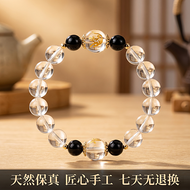 [主图 5] 天然白水晶黑玛瑙手串产品整体与服务展示；[氛围风格]新中式禅意商业静物摄影，通透高级质感；[画质]8K超高清商业摄影质感，产品清晰真实，画面干净高级，去除廉价感和工业假感，保证产品不变形；[元素]天然白水晶黑玛瑙手串完整居中展示，背景为淡雅浅木色茶室背景，底部预留服务信息区域，保持手串整体外观撞色设计与输入产品图绝对一致，杜绝变形色差。商品主体完整展示，大小适中构图均衡，画面满铺无边框；[光影]暖金色柔和侧光，整体光线均匀通透，突出产品整体轮廓与质感；[配色]低饱和暖调，保持整体风格统一；[视角构图]平视完整展示构图；[文字版式]底部半透明悬浮条（两端留空）横向排列三个服务承诺：天然保真 匠心手工 七天无退换，文字清晰浅色文字深底对比，不遮挡产品主体；[比例分辨率]1:1 比例，2K分辨率，文字清晰锐利，超高清画质；[负向提示词]廉价感，模糊感，工业假感，产品变形，水印，文字错乱，背景杂乱，遮挡主体