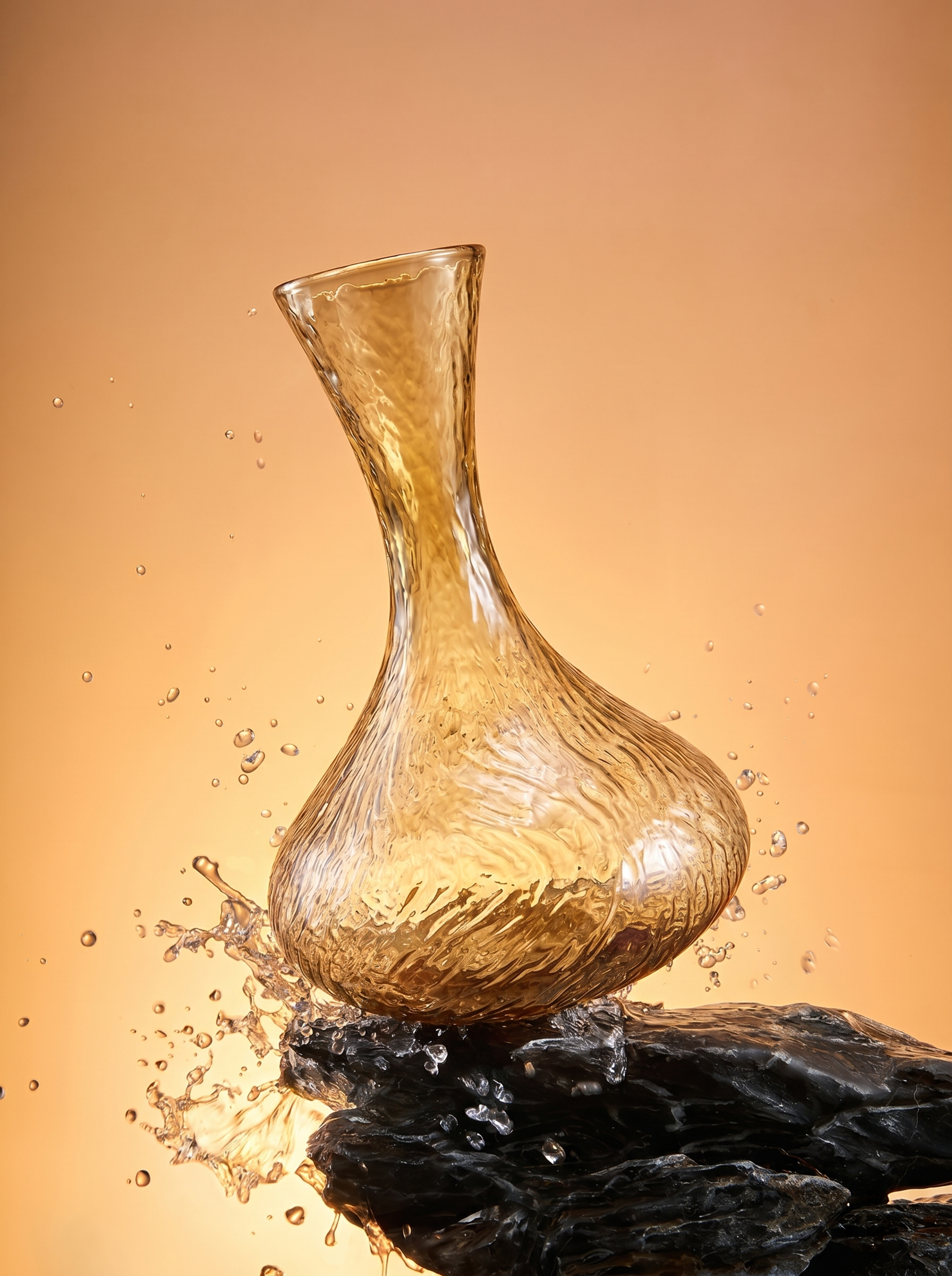 将图里的原酒瓶替换成图1里的锤纹金色醒酒器，保持原画面的背景、… - 图片创意预览
