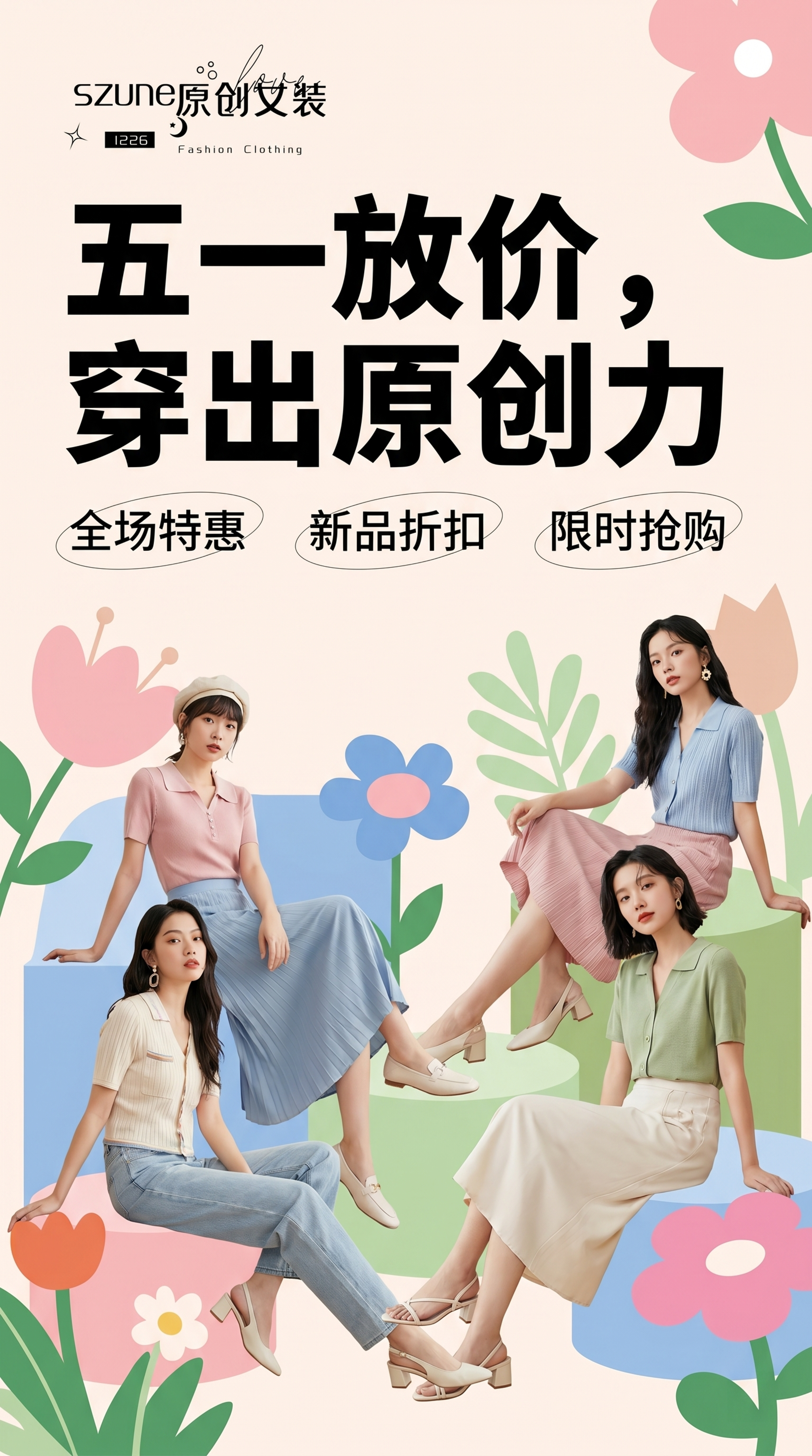 五一促销女装活动宣传图，包含"五一放价，穿出原创力"的大标题，… - 图片创意预览