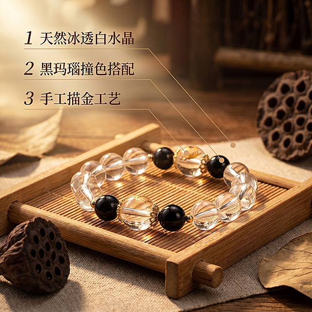 [主图 2] 天然白水晶黑玛瑙手串核心卖点展示；[氛围风格]电影级商业静物摄影，新中式禅意东方美学，通透高级质感；[画质]8K超高清商业摄影质感，产品清晰真实无模糊，画面干净高级有质感，去除廉价感和工业假感，保证产品不变形；[元素]天然白水晶黑玛瑙手串放置在古朴木纹茶席上，主体手串居中，使用极细引线连接不同部位标注产品特点，搭配干枯莲蓬装饰增添禅意。保持手串外观（物理结构、材质质感、颜色）与输入产品图绝对一致，杜绝任何变形和色差，精细化处理冰透水晶、黑玛瑙与描金细节。商品主体占比严格控制在 60%-80% 之间，构图均衡留白充足，画面满铺无边框；[光影]暖金色夕阳侧光，丁达尔光束突出水晶通透感，明暗层次丰富，虚化背景突出主体；[配色]低饱和暖调木色系，东方禅意氛围感；[视角构图]平视中心构图，大光圈浅景深；[文字版式]左侧竖向排列三个核心卖点，1 天然冰透白水晶 2 黑玛瑙撞色搭配 3 手工描金工艺，细引线对应产品部位，文字深棕色清晰不遮挡主体；[比例分辨率]1:1 比例，2K分辨率，文字清晰锐利，超高清画质；[负向提示词]廉价感，模糊感，工业假感，产品变形，水印，文字错乱，背景杂乱，遮挡主体