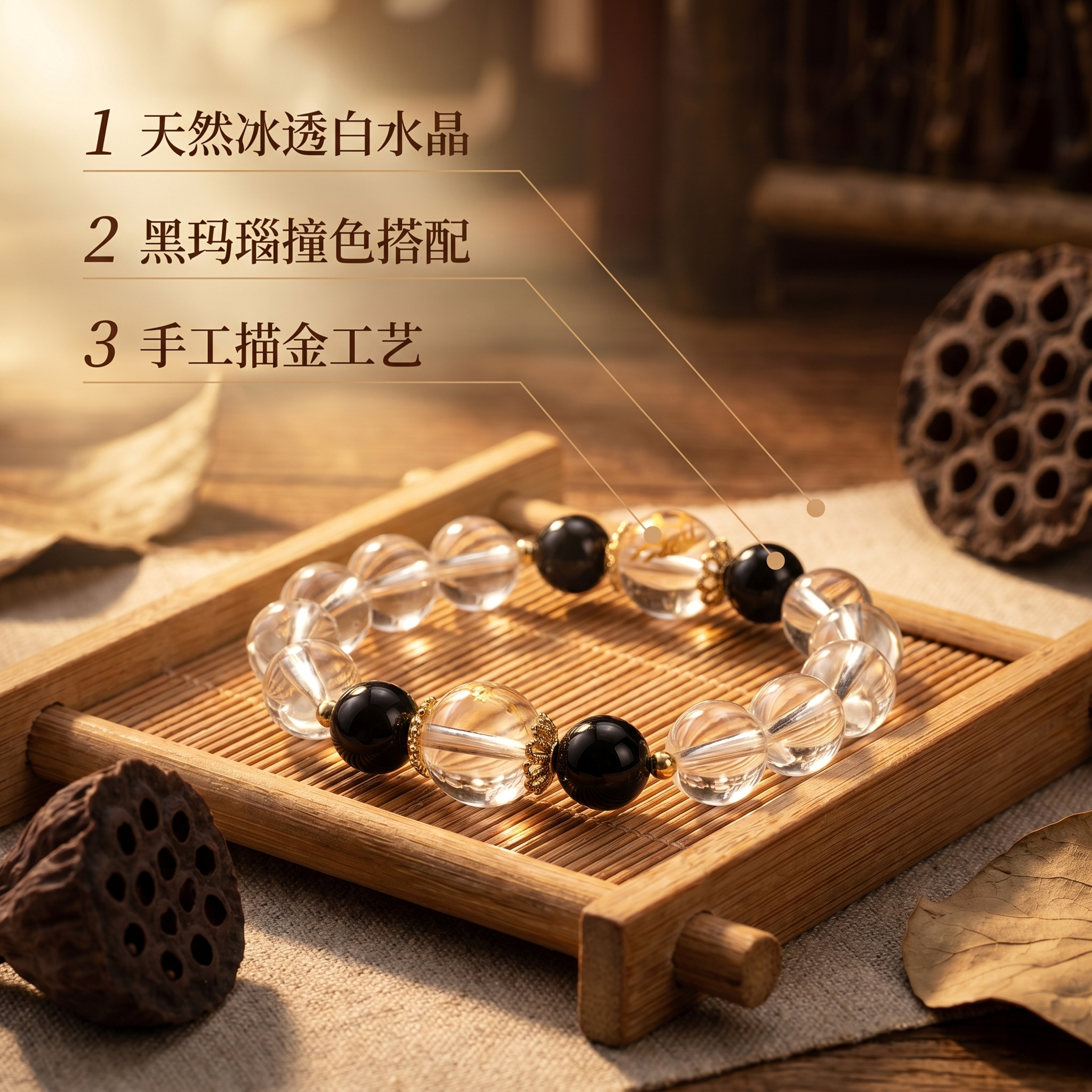 [主图 2] 天然白水晶黑玛瑙手串核心卖点展示；[氛围风格]电… - 图片创意预览