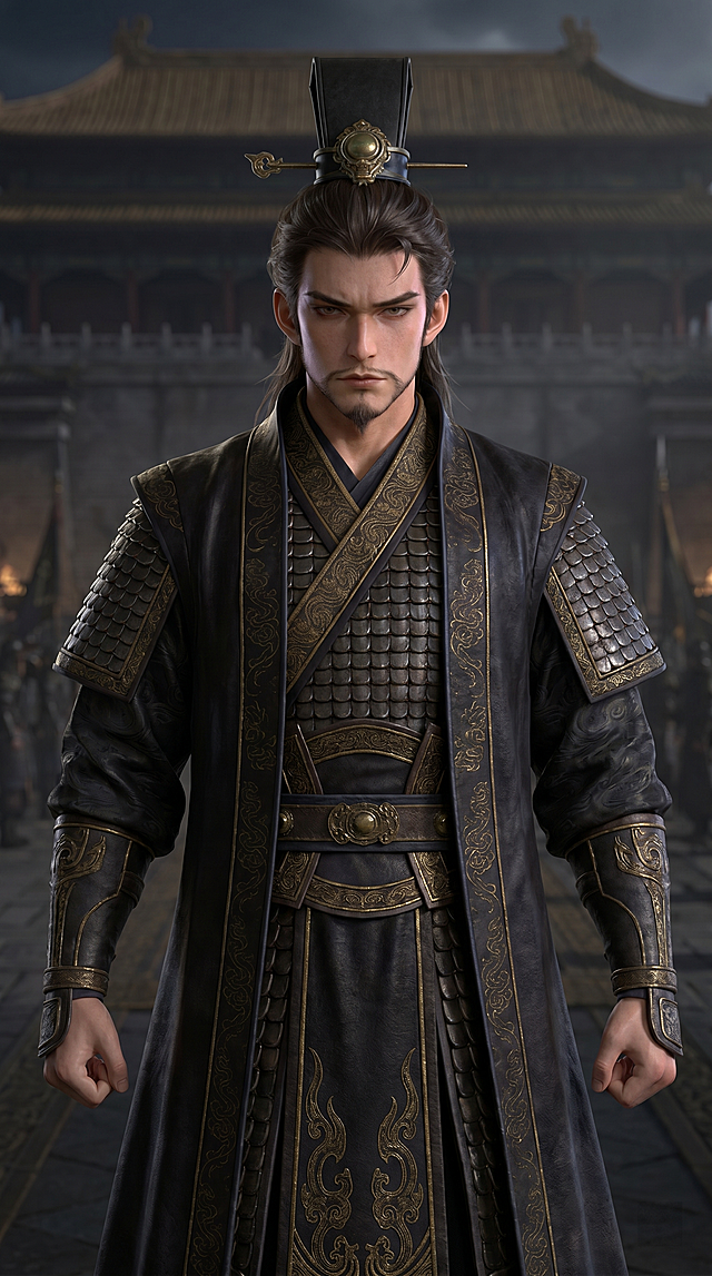 曹操3Dcg动画风格人物正面全身像，率土之滨风格，参考新上传的人物形象：年轻英武，俊朗刚毅，短须，黑色高冠束发，身着黑金织纹暗甲，参考该人物长相特征，生成完整正面站立全身展示，细节精致，真实渲染，气势威严