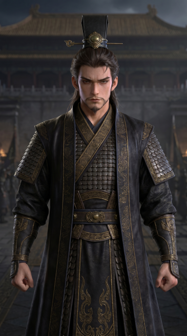 曹操3Dcg动画风格人物正面全身像，率土之滨风格，参考新上传的人物形象：年轻英武，俊朗刚毅，短须，黑色高冠束发，身着黑金织纹暗甲，参考该人物长相特征，生成完整正面站立全身展示，细节精致，真实渲染，气势预览效果