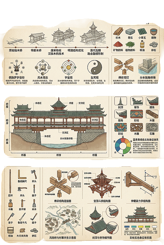 制作一张A3大小的侗族风雨桥信息可视化流程图展板，保持参考图复古精致高信息密度的图解风格，排版参考示例图，所有文字为专业中文知识解析，使用杉木棕、青瓦绿、朱砂红、稻田金、侗蓝与青灰色为主色调。展板包含六大核心板块：一、历史发展与文化背景，阐述风雨桥从原始独木桥、带廊木桥到唐宋吸收汉族木构技术、明清结构优化、清代后期融合鼓楼形制的完整演变，解析侗族萨岁信仰、风水观念、宇宙观与生死观；二、制作材料与工艺配方，展示杉木、青石、小青瓦、矿物颜料、植物颜料、桐油、卵石等材料，介绍榫卯无钉、分水锐角桥墩等适应环境的建造工艺；三、整体结构说明，宏观展示桥基—桥身—桥屋三层结构，解析布局与复合功能分区；四、装饰元素与文化符号，展示刹顶、脊饰、翘角、彩绘、木雕、石雕等装饰，以及蓝青黄绿白五色象征体系；五、建造使用工具，描绘匠杆、鲁班脚尺、斧头、凿子等传统建造工具；六、包含六组核心组件细节插图，分别为榫卯结构连接图、宝顶斗拱结构图、伸臂梁力学结构图、风雨桥与村寨共生示意图、刹顶与脊饰细节图、彩绘五色象征体系图，每组插图均有详细图解和标注。