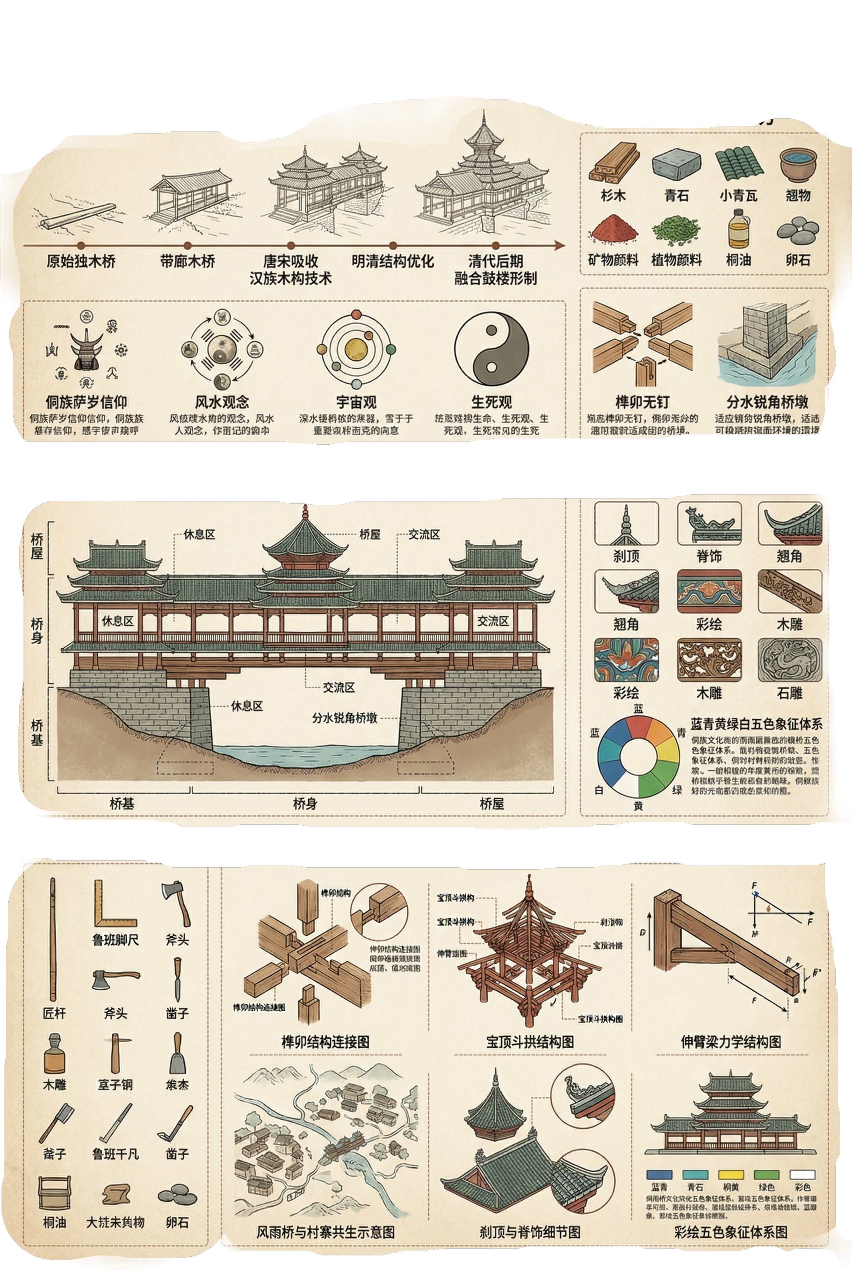 制作一张A3大小的侗族风雨桥信息可视化流程图展板，保持参考图复… - 图片创意预览