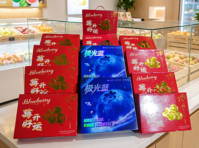保持图中所有蓝莓礼盒包装的物理结构、文字内容、颜色和相对位置绝对不变，严禁扭曲变形或改变外观，将背景替换为干净明亮的水果销售展柜场景，礼盒平稳摆放在展柜台面上，展柜干净整洁，商业零售氛围，明亮漫射柔光，画面干净通透，富有食欲感，保持原有宽高比，避免挤压变形