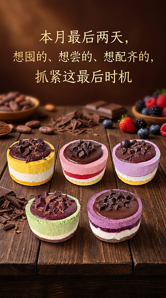生成一张美食促销海报，主题文案为"本月最后两天，想囤的、想尝的、想配齐的，抓紧这最后时机"。将五张不同口味的巧克力蛋糕全部放入海报中，保持每个蛋糕的原有样子不变，不改变蛋糕造型，将蛋糕整齐排版，整体氛围温馨诱人，适合甜品促销宣传，海报设计美观，文字清晰醒目。