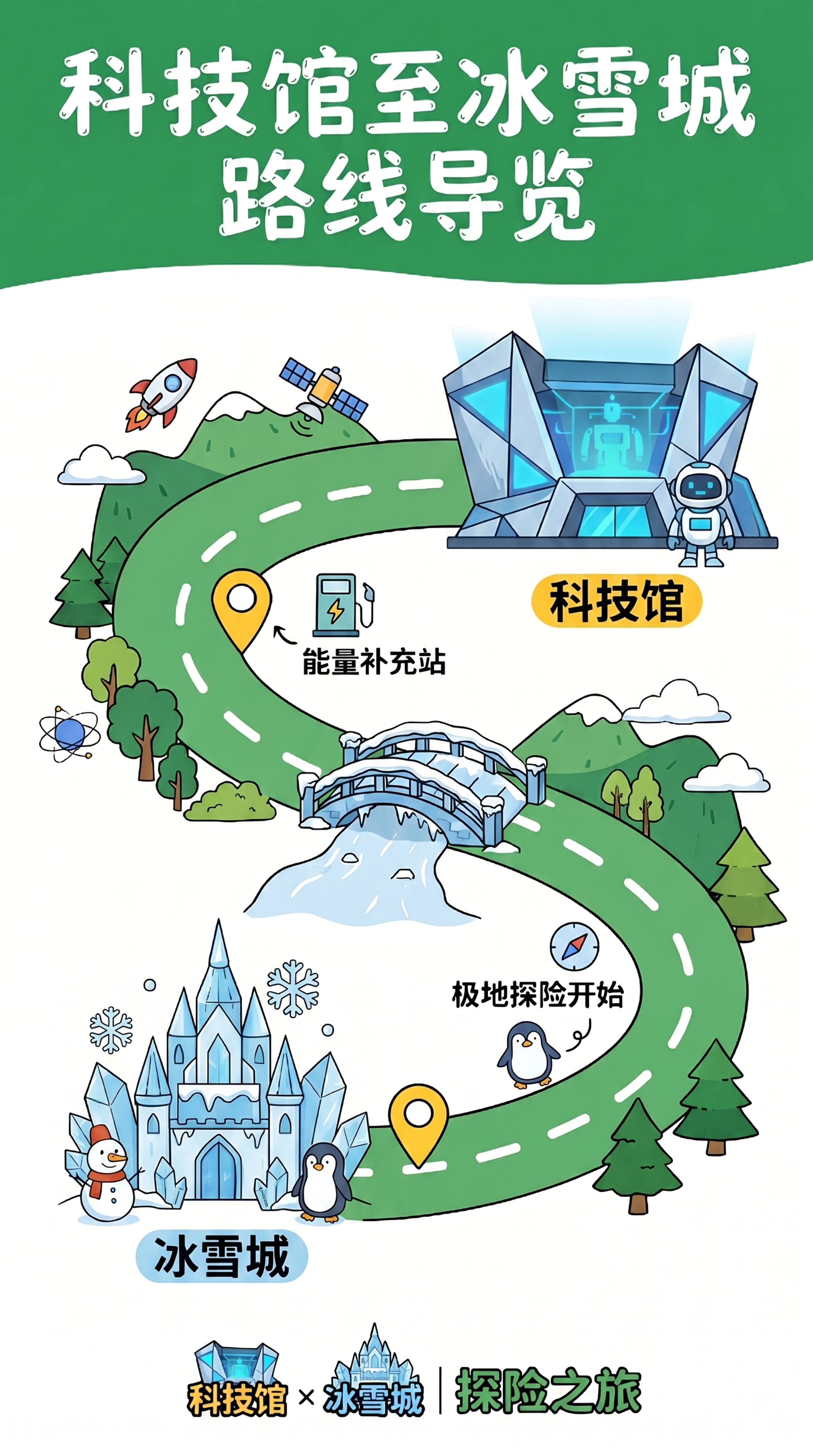 扁平手绘插画风格路线图海报，标题为"科技馆至冰雪城 路线导览"… - 图片创意预览