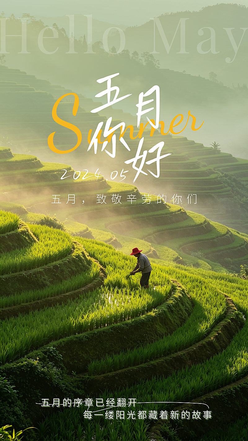 五月你好节气宣传写实风竖版海报