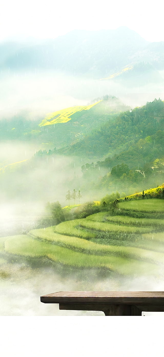 移除右下角石桌上的酒瓶，保留原画面的青山茶园风景、雾气、雨丝和整体清新自然风格与色彩不变，使石桌恢复为空置状态