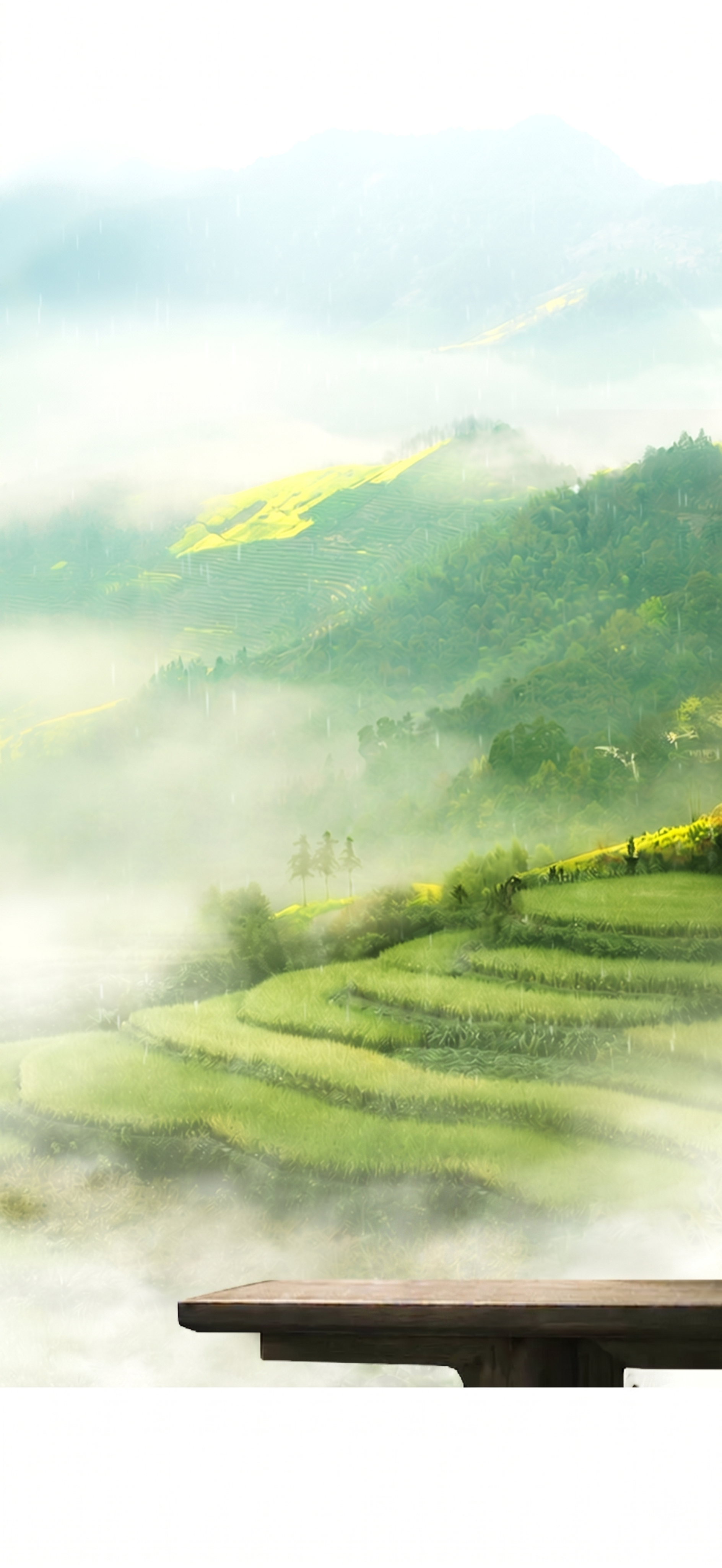 移除右下角石桌上的酒瓶，保留原画面的青山茶园风景、雾气、雨丝和… - 图片创意预览