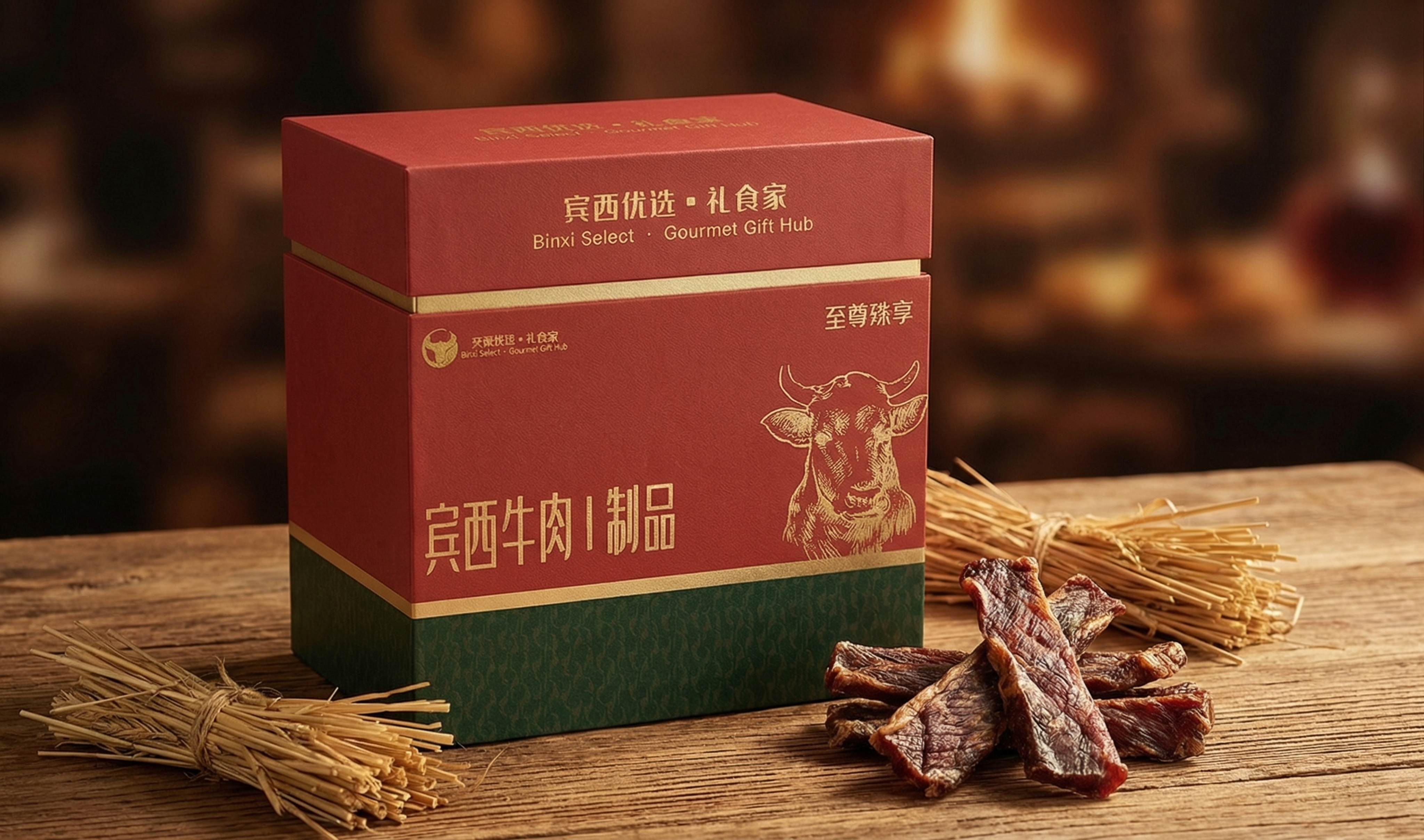 生成高档牛肉干礼盒的场景展示效果图，长方形天地盖礼盒带有原设计… - 图片创意预览