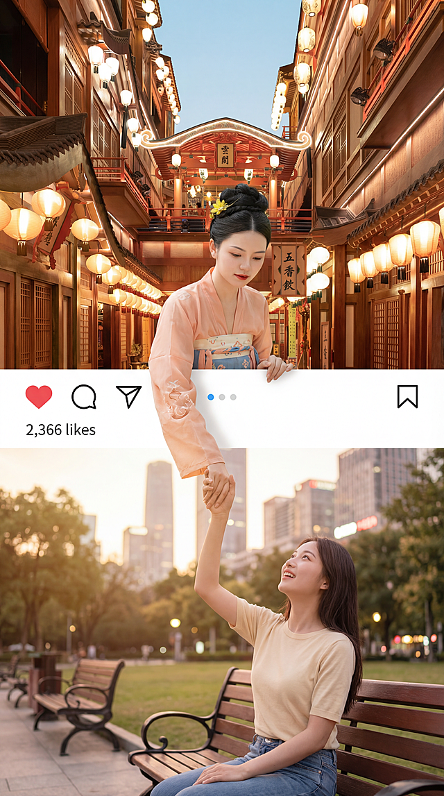 三段式结构叙事海报，写实商业广告风；画面上半部分（50%）：长安十二时辰主题街区特写，使用参考图的长安十二时辰场景，天空清澈浅蓝，远处唐朝建筑形成清晰的明暗分区，真实自然质感；画面中部（20%）：通栏的社交媒体界面分割上下两个真实场景，UI简洁、纯白、现代风格；一位身穿唐朝风格衣服的游客（来自参考图，换全新不同的人脸），上半身跨越界面从长安十二时辰主题街区延伸到底部场景，一只手向下伸去拉住画面底部女性共同去旅游；画面底部（30%）：城市场景，一名年轻女性坐在城市公园里，一手拉着上方游客的手，抬头看着游客，表情期待出去玩；背景为真实城市公园场景，远景城市轻微虚化，城市暖色光线；整体光影真实柔和，室外自然光与城市暖光自然过渡，细节丰富，高级广告质感，人物使用与参考图不同的全新脸部