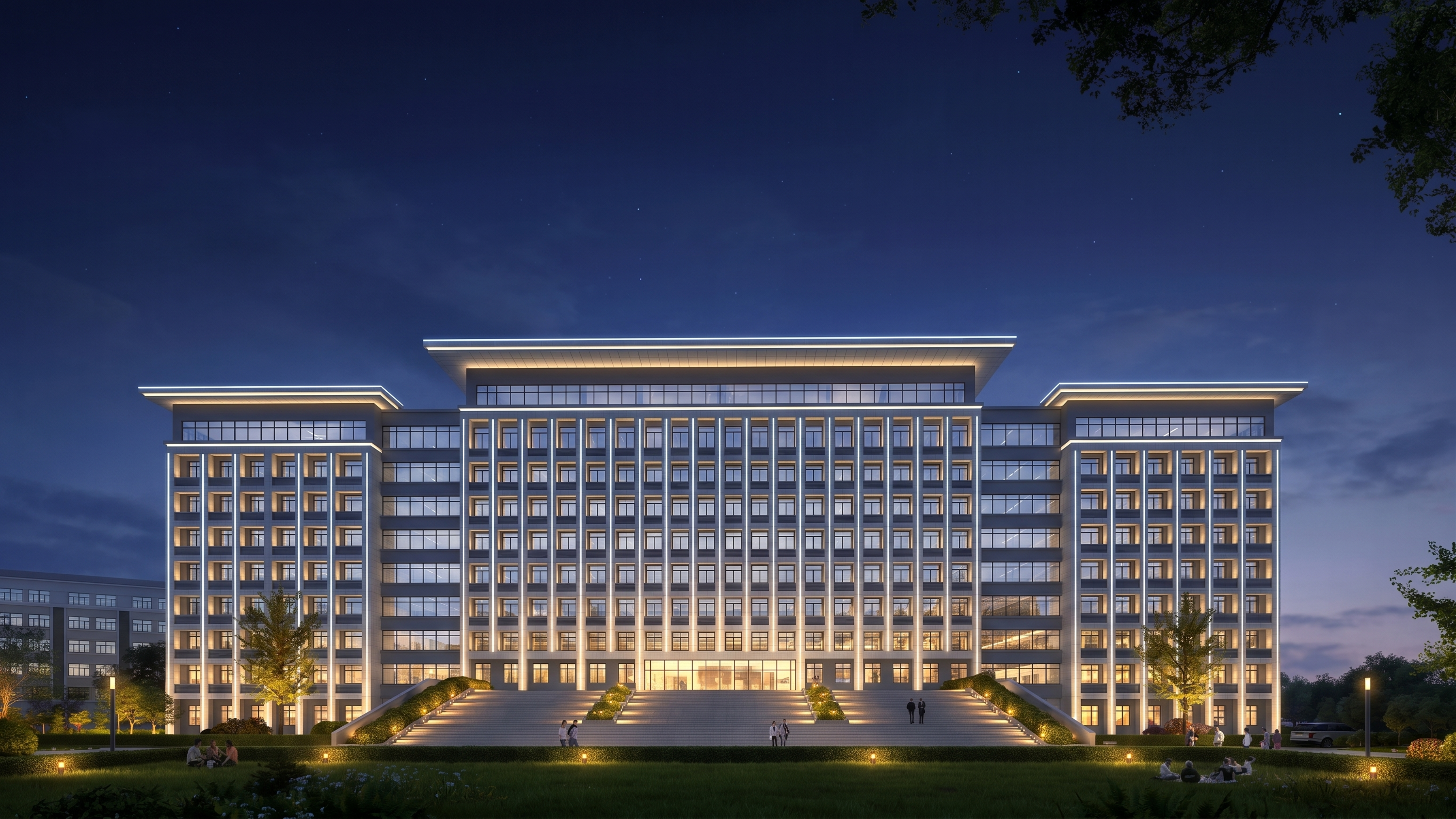 将这张建筑效果图改为夜间灯光亮化效果图，现代简约风格，大气上档… - 图片创意预览
