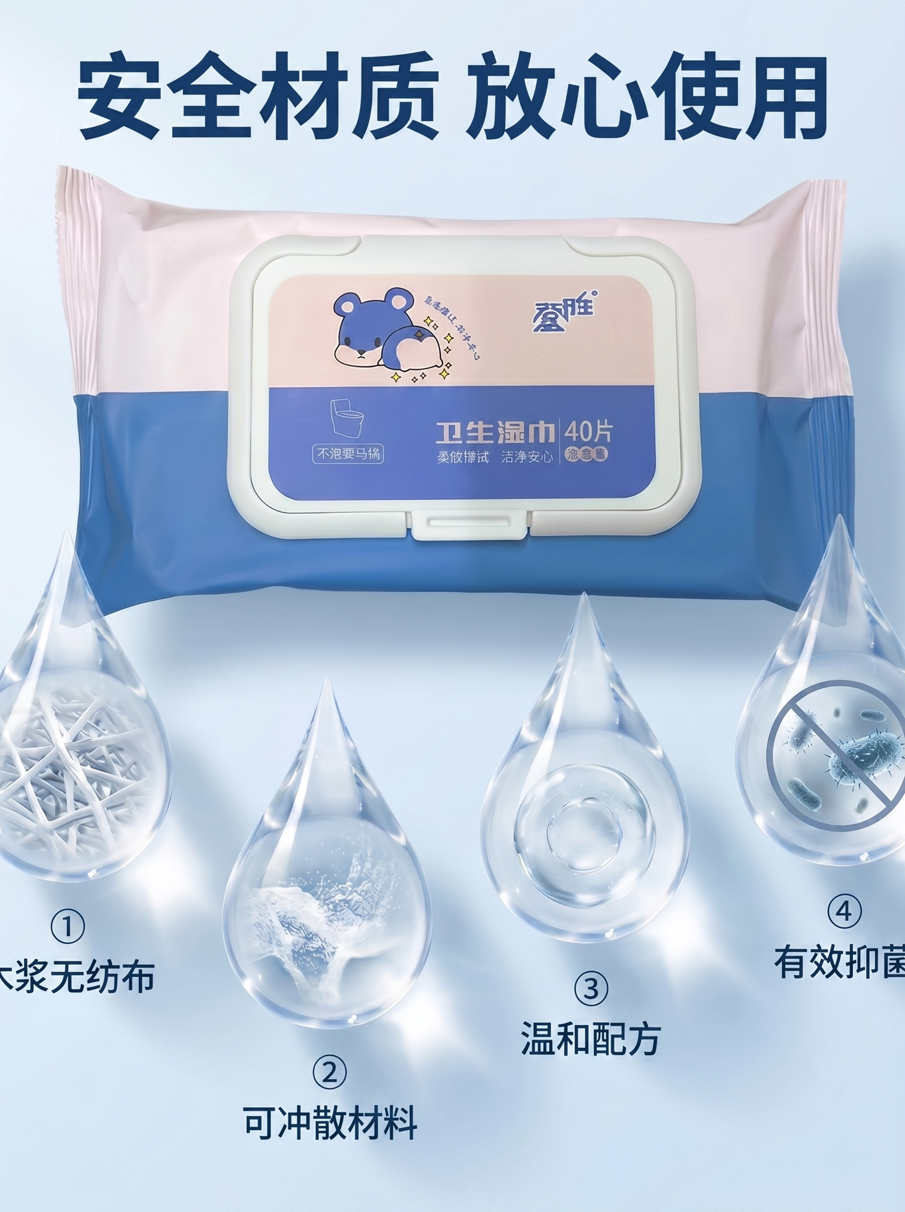 生成一张产品材质优势图，顶部大标题'安全材质 放心使用'，下方… - 图片创意预览