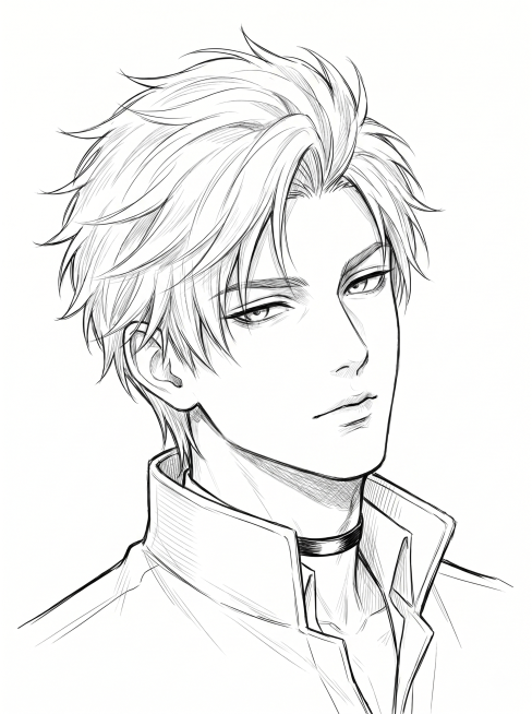 根据参考图男性五官特征，绘制成日系二次元线稿风格的少年感男性角色，正面半身特写构图，人物头部与上半身占画面90%，头部微侧，视线看向斜前方，表情清冷慵懒，重点突出面部神态；角色穿着高领上衣外搭立领外套预览效果