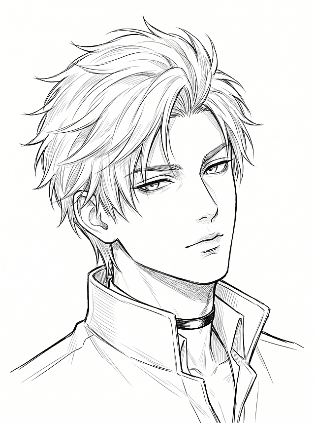 根据参考图男性五官特征，绘制成日系二次元线稿风格的少年感男性角色，正面半身特写构图，人物头部与上半身占画面90%，头部微侧，视线看向斜前方，表情清冷慵懒，重点突出面部神态；角色穿着高领上衣外搭立领外套，颈部佩戴黑色细项圈，线条利落简洁；整体为日系二次元线稿速写风格，线条流畅随性，带轻微素描排线表现光影，整体干净清爽，兼具少年感与清冷气质