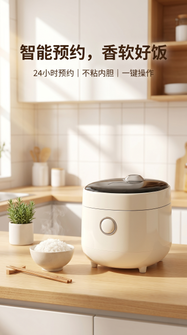 基于参考图中的电饭煲，生成一张电商海报，风格现代简约，主色调为白色和浅木色，营造温馨家庭氛围。电饭煲旁边摆放一碗香喷喷的白米饭和一双筷子。背景为明亮整洁的厨房台面，有绿植点缀。海报上方大字标题："智能预览效果