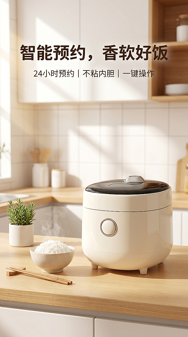 基于参考图中的电饭煲，生成一张电商海报，风格现代简约，主色调为白色和浅木色，营造温馨家庭氛围。电饭煲旁边摆放一碗香喷喷的白米饭和一双筷子。背景为明亮整洁的厨房台面，有绿植点缀。海报上方大字标题："智能预约，香软好饭"，下方小字："24小时预约｜不粘内胆｜一键操作"。整体画面干净、诱人，突出产品便捷与美味。