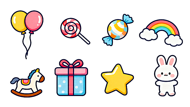 可拆分的儿童节元素素材，包含卡通气球、糖果、礼物、彩虹、星星、木马、兔子等多种童趣元素，元素独立分层，背景透明，风格可爱清新，线条圆润，色彩明亮
