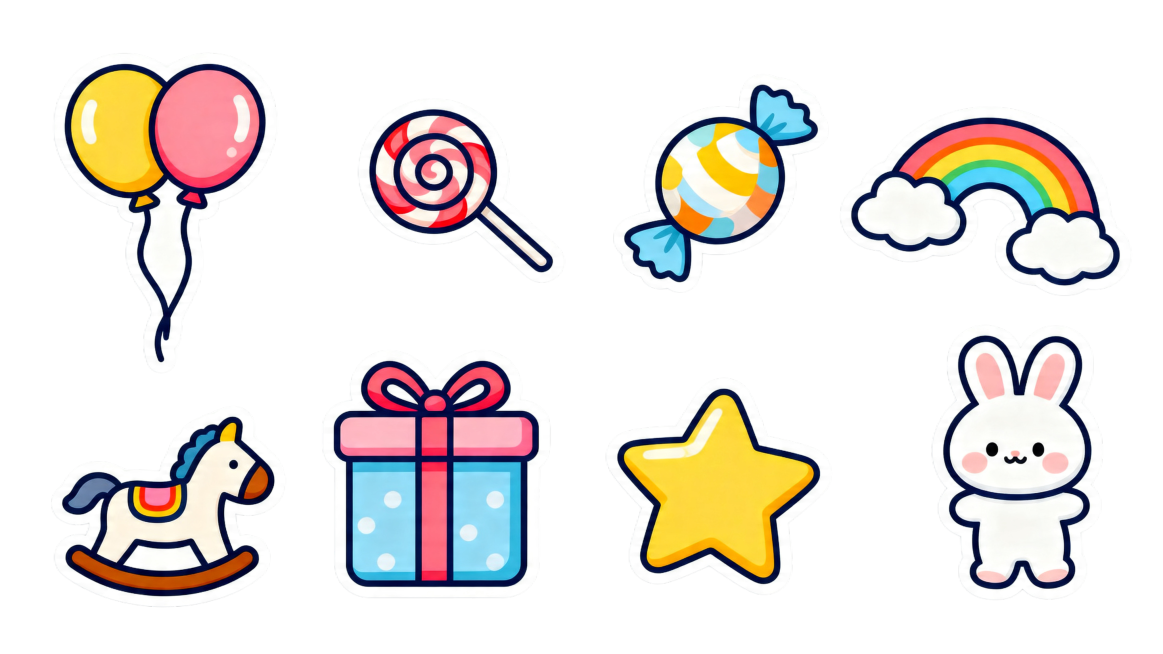 可拆分的儿童节元素素材，包含卡通气球、糖果、礼物、彩虹、星星、木马、兔子等多种童趣元素，元素独立分层，背景透明，风格可爱清新，线条圆润，色彩明亮预览效果