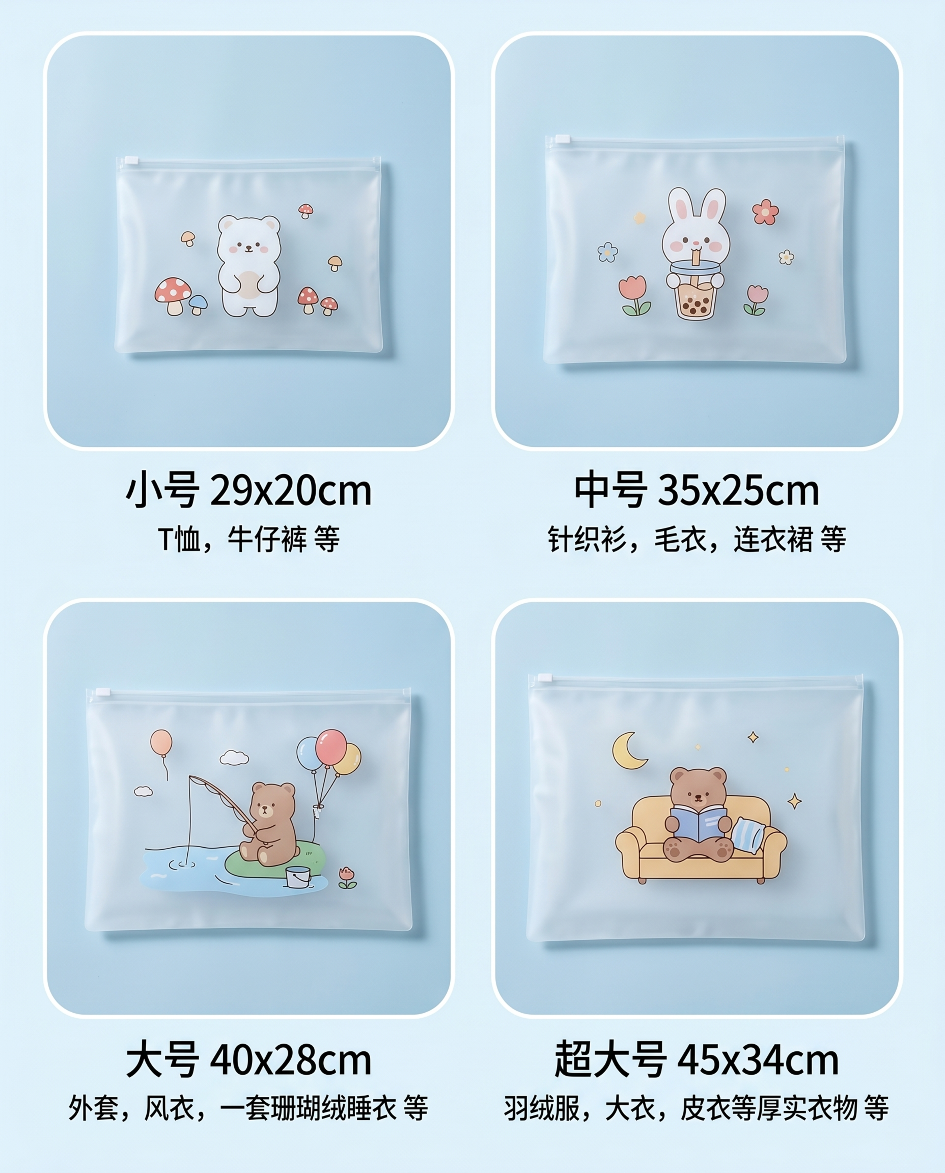 四张半透明磨砂PVC收纳袋，不同尺寸展示，四个分格排版，表面印… - 图片创意预览