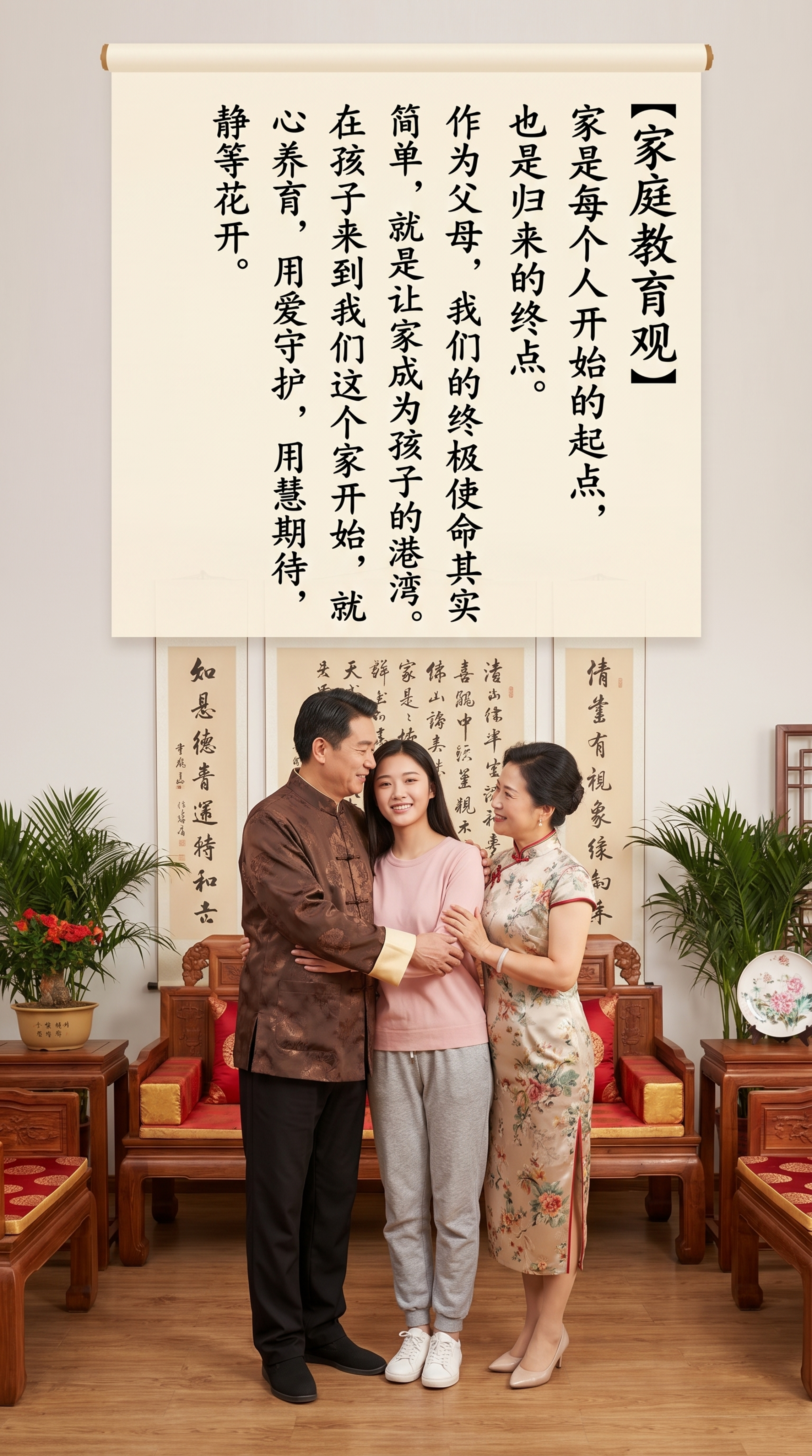 温馨中国风家庭合照，画面上只有一对中年中国父母和一个中国大学生… - 图片创意预览