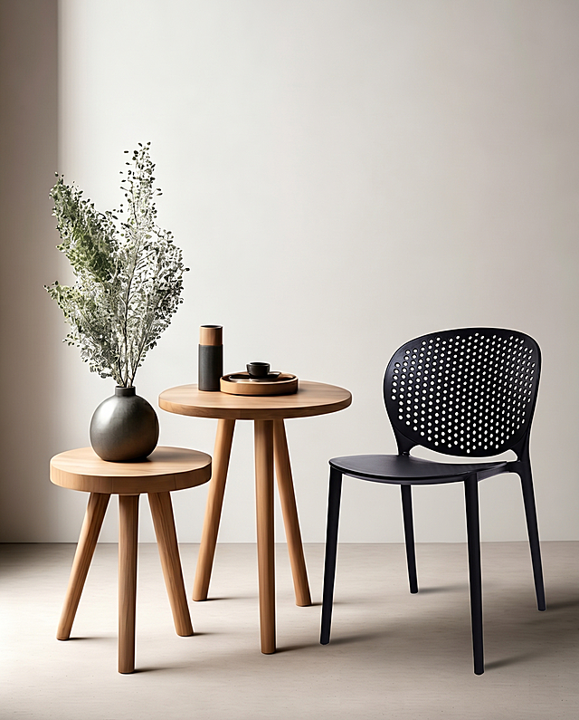 将原图右下角空白区域，放入图2(参考图)中的黑色镂空靠背四脚休闲椅。用图2中椅子的真实物理结构，打破轮廓束缚，保持原产品(图2)的真实比例，严禁挤压或变形。椅子需完美融入第一张图的空间，继承背景的光照角度，在地面生成自然的接触阴影，完美消除椅子边缘抠图白边，仅添加椅子，保持原图其他环境布局绝对不变。画面自然真实，严格锁定宽高比为 4:5，4K分辨率。