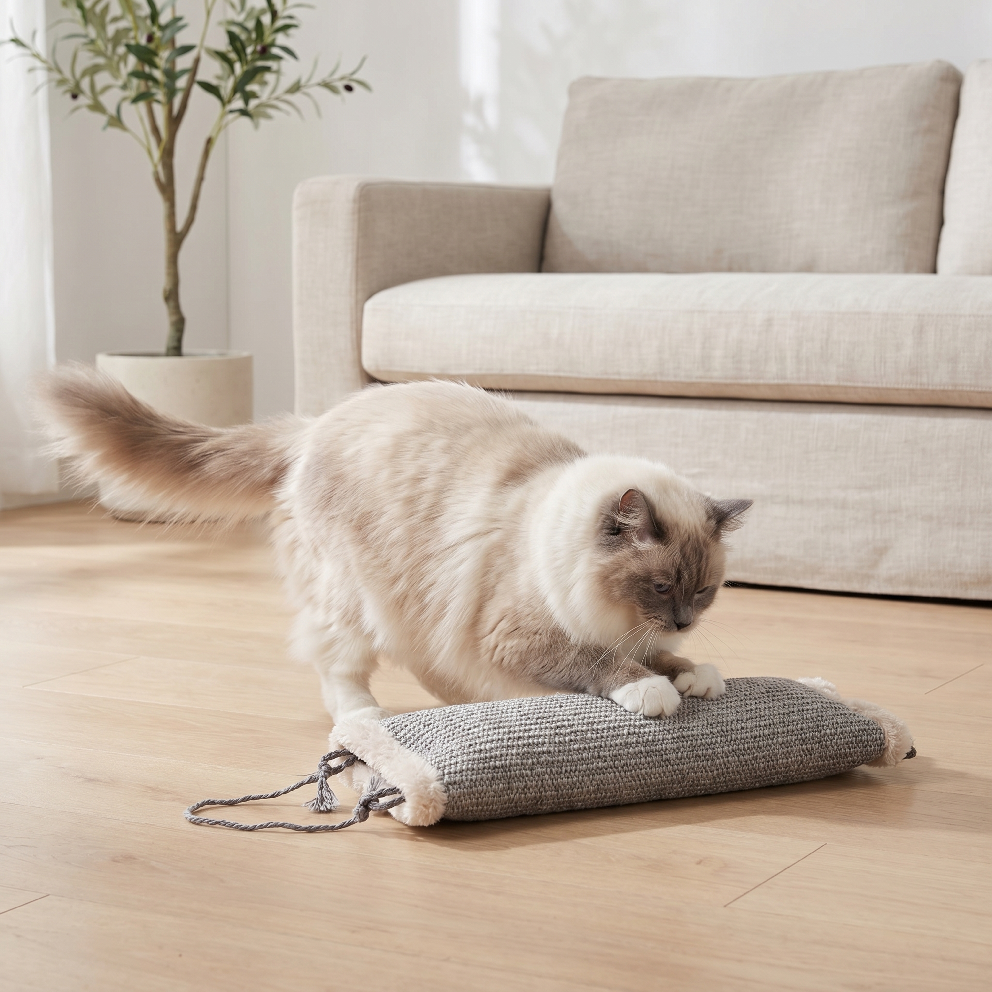 参考图中的剑麻材质猫抓玩具，保持产品款式和面料不变，玩具长50… - 图片创意预览