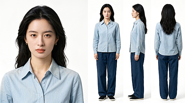基于第一张图的身材身形与服装，替换为第二张图的面部五官，脸型轮廓、下颌线、颧骨、下巴形状、眼型、眉形、鼻梁鼻翼、嘴唇厚薄嘴角形状、年龄气质必须严格和第二张图保持一致，完全不变。画面布局为16:9，左侧放大展示肩部以上包含肩部及头部细节，右侧放置人物三视图，分别是自然站立双手自然垂放的正面全身照、正面朝左90度侧面全身照、背面全身照，白色背景，高清细节图，真人画风，面部光线毛孔细节清晰，增加真人质感