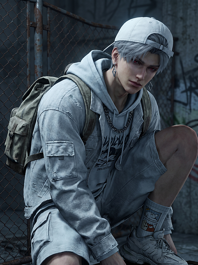 基于参考图的人物面部特征，重新生成一张带有破碎感的街头酷感男性人像，人物气质又颓又野。配饰：白色棒球帽、菱形金属耳环、粗链条项链、双肩背包、带卡通印花的长袜。场景：废弃工业风背景，有铁丝网、涂鸦墙面，整体偏冷调蓝灰色，光影偏暗，营造出颓丧又酷的氛围。姿势：人物蹲坐蜷缩在画面中，身体微微前倾，头抬起看向镜头，姿态慵懒又带着颓丧的张力。构图：中景特写，人物占画面约95%，视觉焦点集中在人物面部和上半身，背景的工业元素强化了街头酷感的主题。服装：浅灰色oversize连帽卫衣搭配同色系工装外套，衣身带有印花细节；浅灰色工装短裤，搭配带卡通印花的长袜和运动鞋。整体风格：街头工装风，又颓又酷，冷调配色强化了暗黑破碎感。