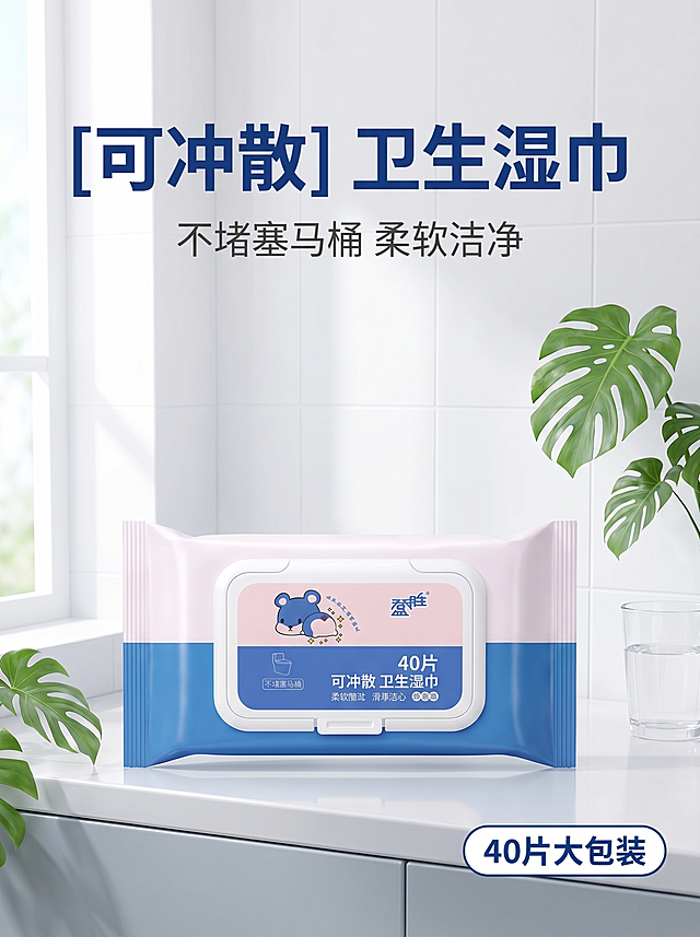 生成一张电商产品主图，展示盈胜可冲散卫生湿巾包装，标题文字'[可冲散] 卫生湿巾'，副标题'不堵塞马桶 柔软洁净'，右下角标注'40片大包装'，背景是干净明亮的卫生间场景，整体风格清新简约，主产品突出，画质清晰高级