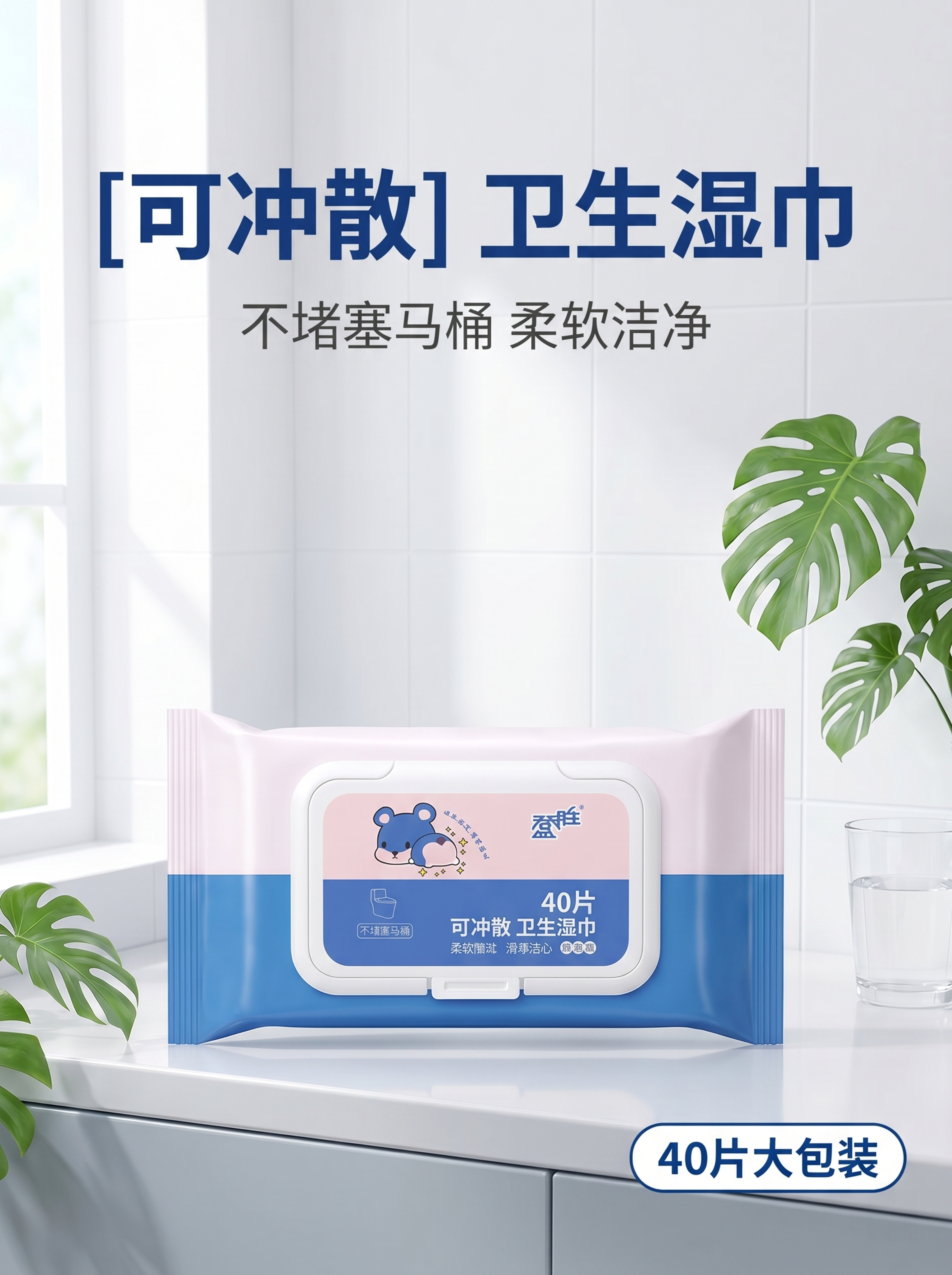 生成一张电商产品主图，展示盈胜可冲散卫生湿巾包装，标题文字'[… - 图片创意预览